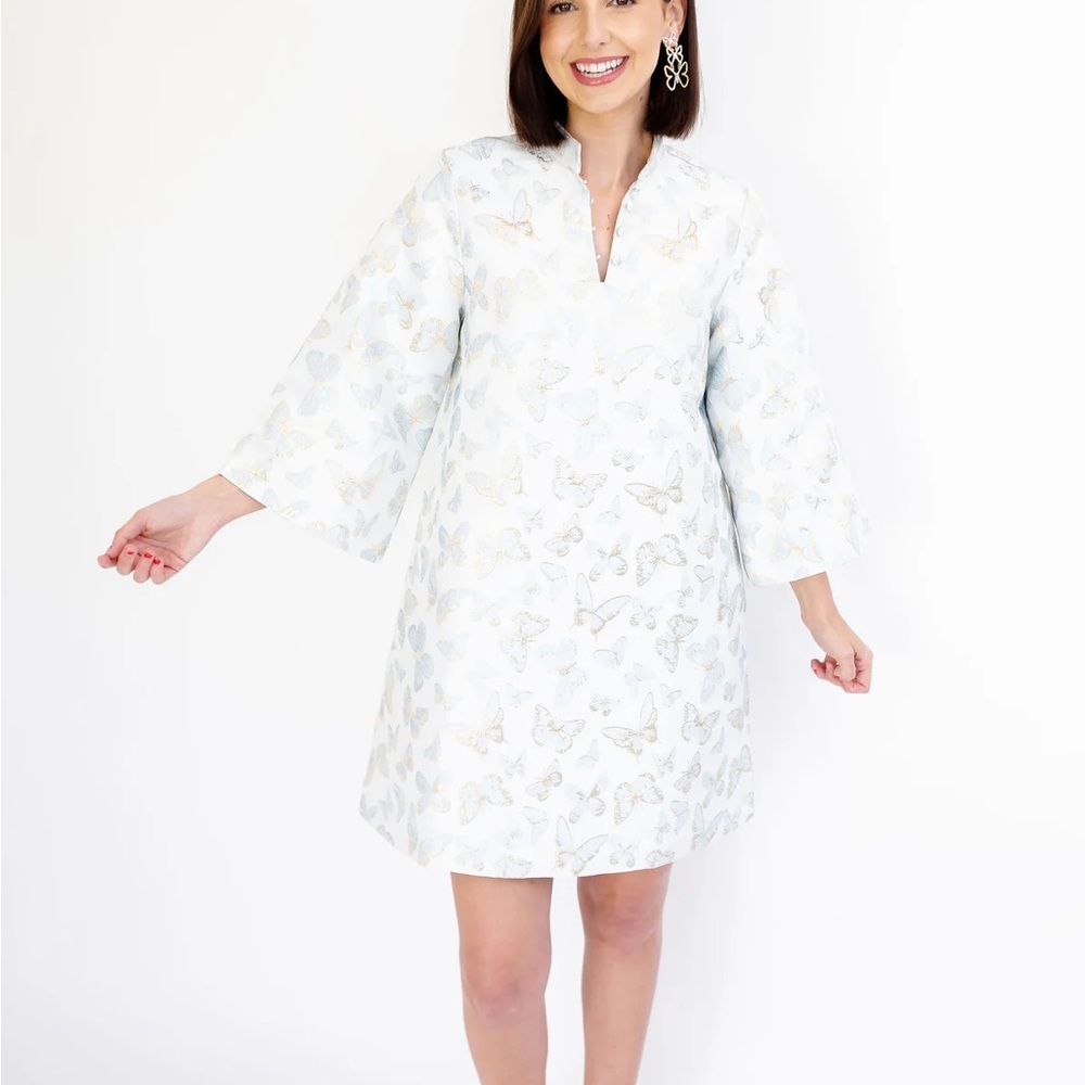 Solelia Faye Mini Flutter Dress Butterfly Print Long Sleeve Jacquard Brocade NWT